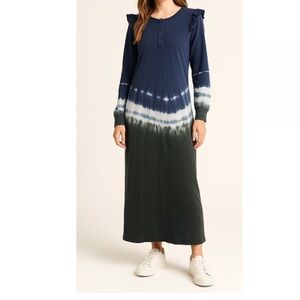 Z Supply NWT Black Iris Tie Dye Maxi Dress Ruffle Long Sleeve Boho Cotton Casual